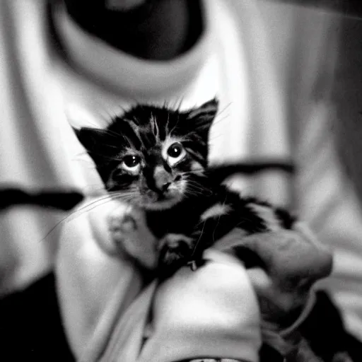 Image similar to 15mm wide-angle lens photo of a rapper in 1990 New York holding a kitten up to the camera