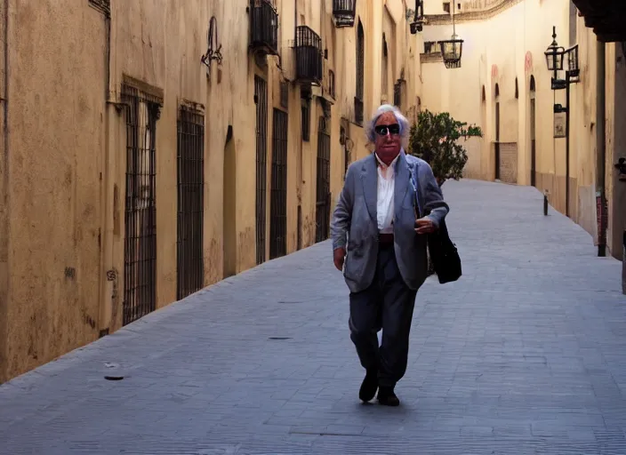 Prompt: jep gambardella strolling through the city of seville