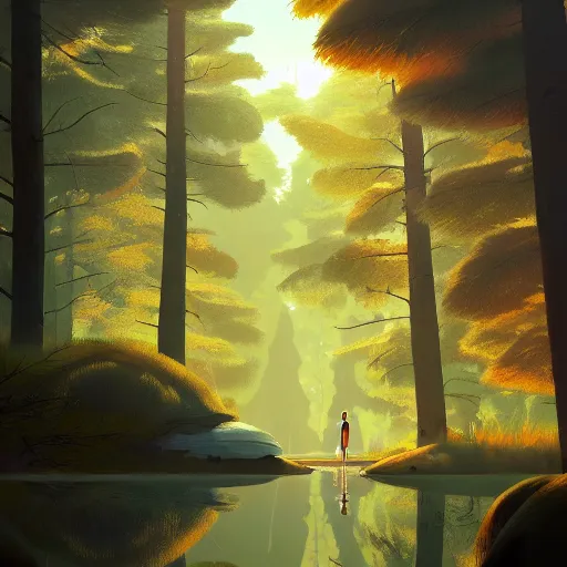 Image similar to goro fujita ilustration a beautiful forest with tall and short trees, with lots of vegetation, reflected in a lake, the rays of light go through the forest,, round characters with two eyes, painting by goro fujita, sharp focus, highly detailed, artstation