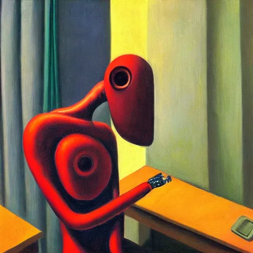 Prompt: weary robot emporer, dystopian, pj crook, edward hopper, oil on canvas