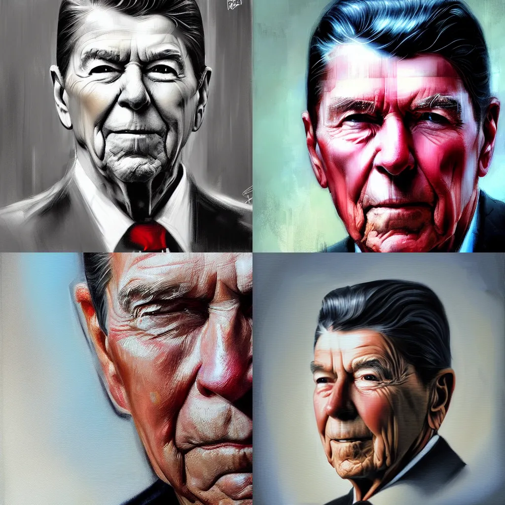 Prompt: A hyperdetailed digital oil portrait painting of Ronald Reagan with a cold expression in the style of Guy Denning and Ruan Jia. Trending on ArtStation and DeviantArt. Digital art.