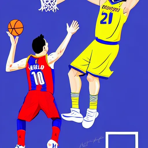 Image similar to Messi dunking on Ronaldo in the NBA, illustration,