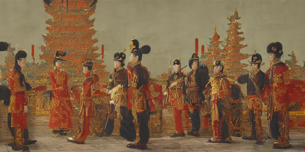 Image similar to Highly detailed and cinematic romantic period oil painting of Imperial Chinese palace guards bowing to the Chinese emperor who is sat upon a throne, strong atmosphere, oil painting masterpiece by Josep Tapiró Baró, symmetry, fractals