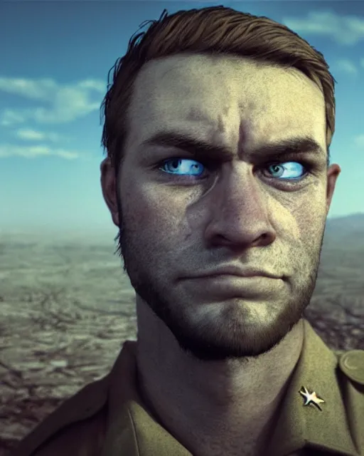 Image similar to portrait of muscular, tired and alcoholic 3 0 - year - old handsome man with short darkblonde hair, serious sad look in his eyes, looking down, dirty beard, blue eyes, crying tears, wearing dirty soldier uniform, on the desert, sad atmosphere, hyper realistic face, character art, art by mark brooks, cryengine, trending on artstation, digital art