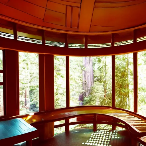 Image similar to interior of a Psychedelic Solarpunk frank lloyd wright house in the redwoods on a sunny day