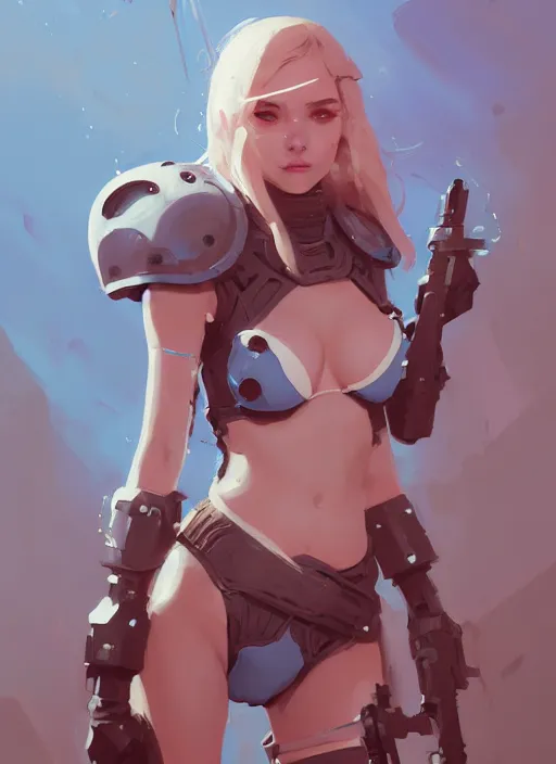 Image similar to portrait of cute girl in cyber bikini armor, warhammer, by atey ghailan, by greg rutkowski, by greg tocchini, by james gilleard, by joe fenton, by kaethe butcher, dynamic lighting, gradient light blue, brown, blonde cream and white color scheme, grunge aesthetic