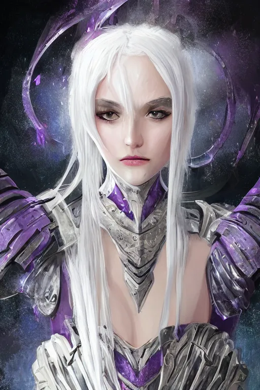 Image similar to portrait evilly white hair knights of Zodiac girl, metalic deep purple and black reflected armor, in ruined Agora of Athens thunder sparkling flash night, ssci-fi, fantasy, intricate, very very beautiful, elegant, highly detailed, digital painting, artstation, concept art, smooth, sharp focus, illustration, art by tian zi and WLOP and alphonse mucha