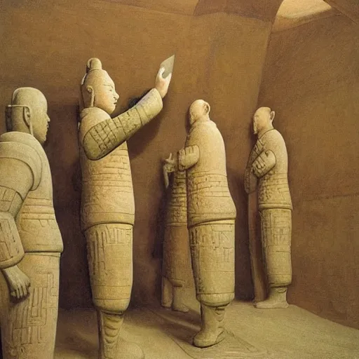 Image similar to A performance art. A rip in spacetime. Did this device in her hand open a portal to another dimension or reality?! terracotta warriors by Jean Delville, by William Gropper rigorous, ornate