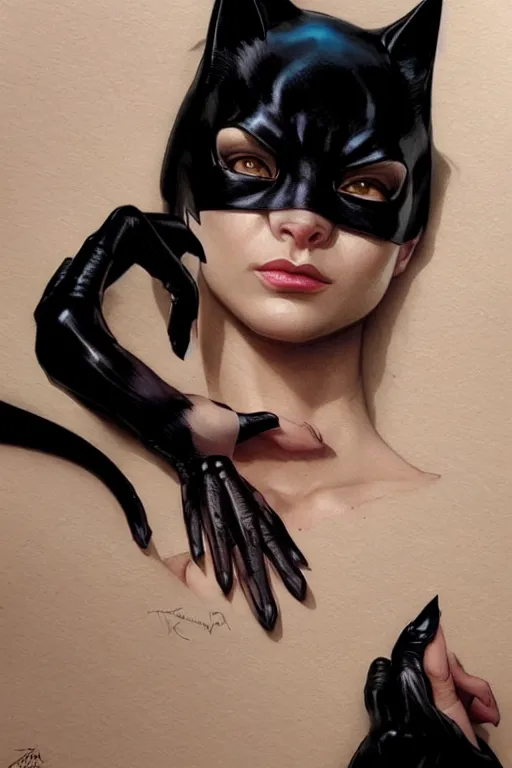 Prompt: catwoman, realistic portrait, symmetrical, highly detailed, digital painting, artstation, concept art, smooth, sharp focus, illustration, cinematic lighting, art by artgerm and greg rutkowski and alphonse mucha