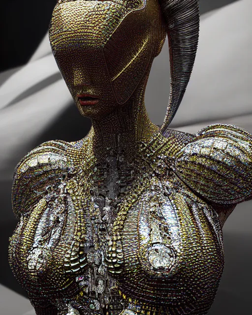 Prompt: a highly detailed metahuman 4 k close up render of an alien goddess bella hadid monument devil in iris van herpen dress schiaparelli in diamonds crystals swarovski and jewelry iridescent in style of alphonse mucha gustav klimt trending on artstation made in unreal engine 4