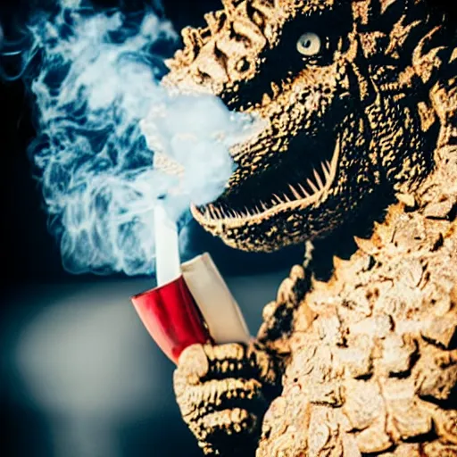 Image similar to anthropomorphic godzilla smoking a joint, 5 5 mm