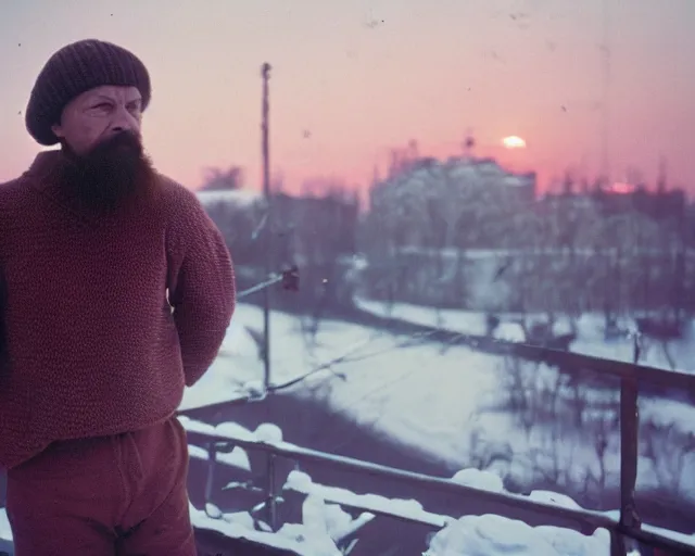 Image similar to lomographic tarkovsky film still of 4 0 years russian man with beard and sweater standing on small hrushevka 9 th floor balcony full with cigarette smoke in winter taiga looking at sunset, cinestill, bokeh