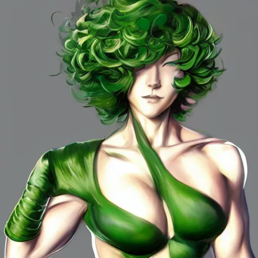 Image similar to muscular tatsumaki by daniel gerhartz, curled emerald hair, trending on artstation