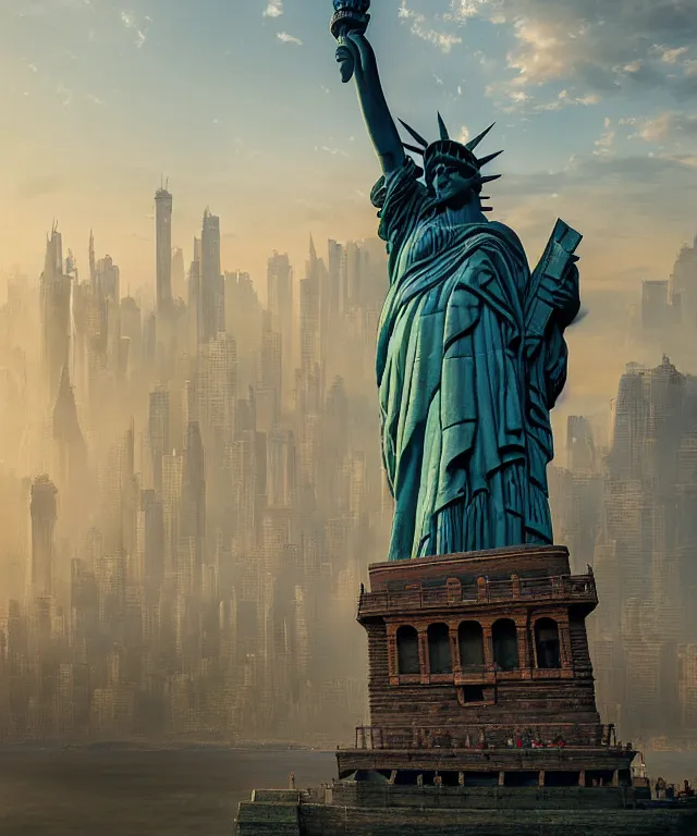 Image similar to highly detailed digital matte painting of a Lady Liberty statue taken back by nature Full shot. By Raphael LaCoste and Ruan Jia and Robert McCall, postcyberpunk, geodesic dome, hyperdetailed, sunrise, wide shot, autochrome, octane render