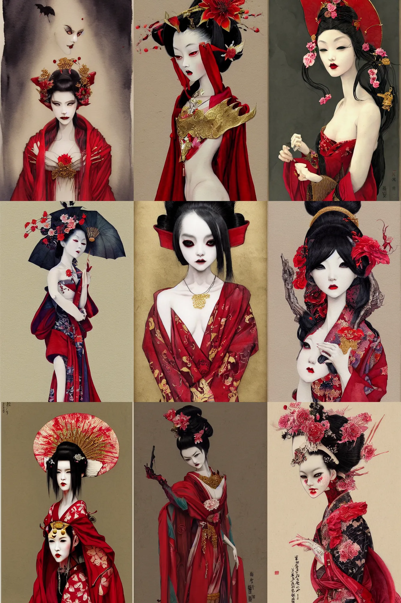 Prompt: watercolor painting of an avant - garde japanese bjd geisha vampire queen with a long neck in a victorian red dress painted by z. w. gu, amy sol, tom bagshaw, intricate detail, artstation, artgerm, in the style of dark - fantasy, rococo, gold leaf art, red flowers