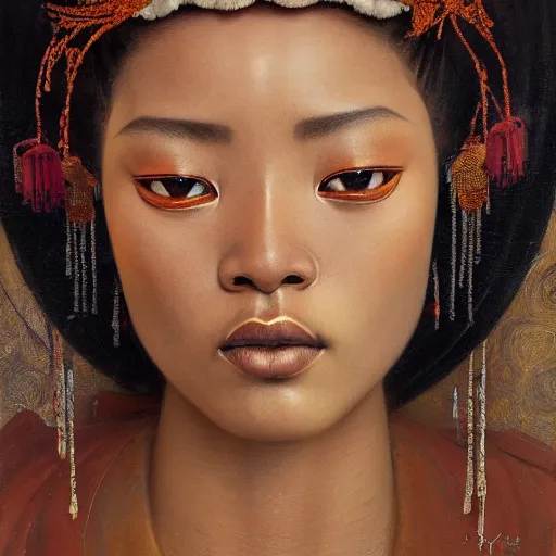 Image similar to highly detailed oil painting | very intricate | cinematic lighting | award - winning | the african geisha in an exquisite himba kimono | by roberto ferri, by tom bagshaw, by j. c. leyendecker and klimt, beautiful cinematic light, american romanticism, by austin osman spare, artstation, cgsociety, official art, octane