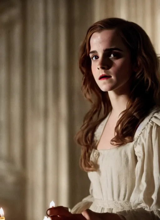 Image similar to Emma Watson as Hermione Granger in Kubrick's Barry Lyndon, natural candle lighting, movie still