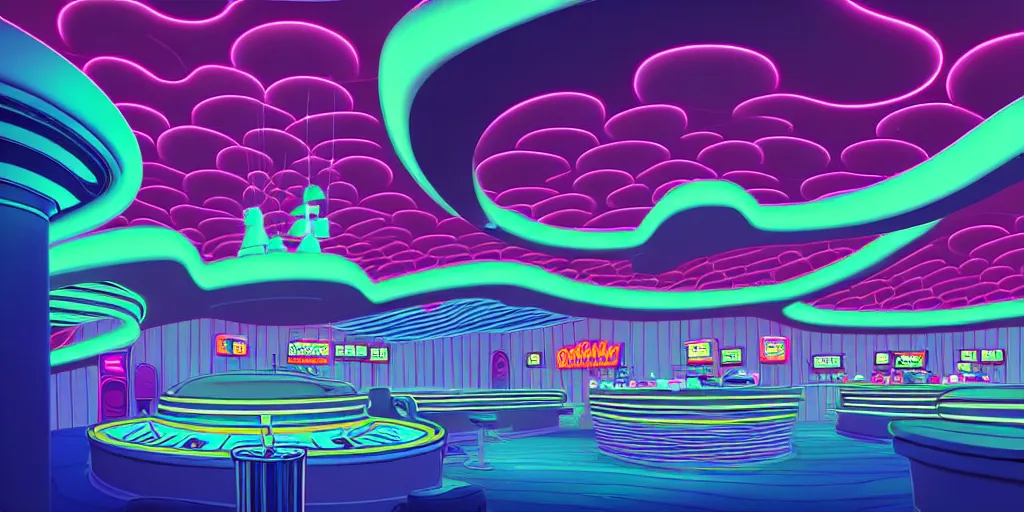 Prompt: minimalistic extreme wide angle curved perspective digital art of sss chubby cotton candy indoor casino, one staircase, with curly plants by anton fadeev, horton hears a who, smoke, neon lights