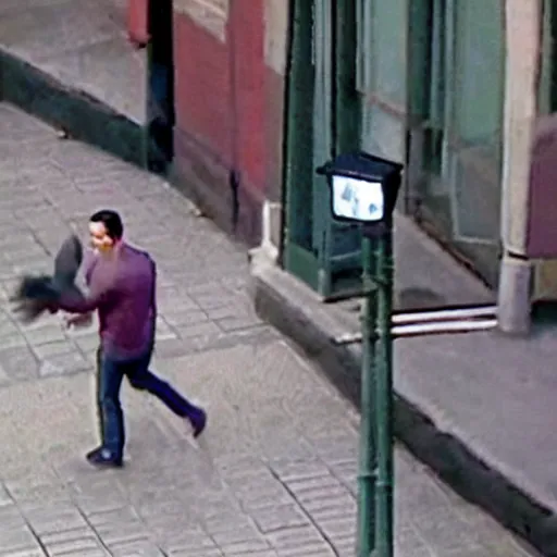 Image similar to surveillance camera footage of xavi hernandez on the street holding a pigeon