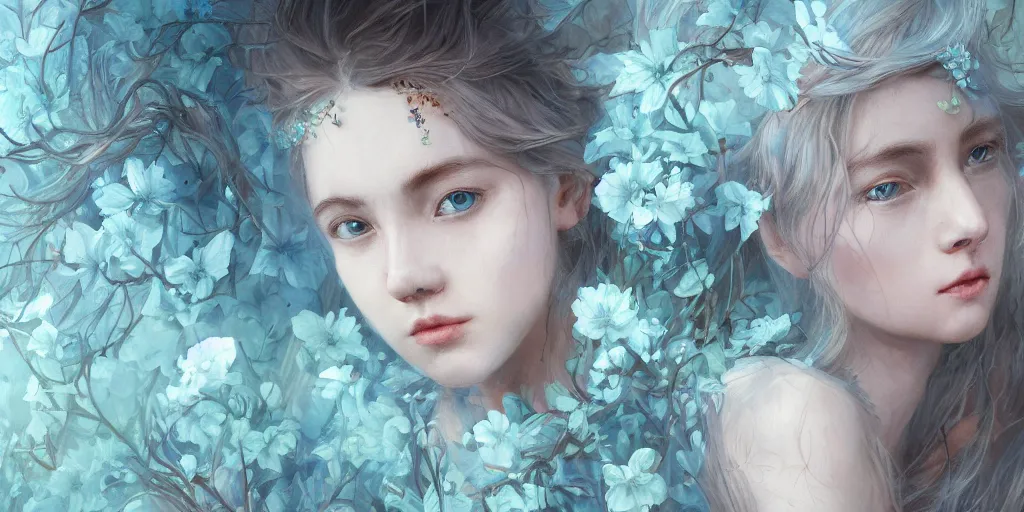 Image similar to breathtaking detailed concept art painting portrait of the hugs goddess of light blue flowers, carroty hair, orthodox saint, with anxious piercing eyes, ornate background, amalgamation of leaves and flowers, by hsiao - ron cheng, extremely moody lighting, 8 k