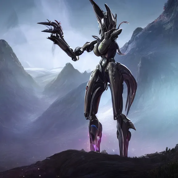 Image similar to extremely detailed cinematic low ground shot of a giant 1000 meter tall beautiful stunning female warframe goddess, that's an anthropomorphic hot robot mecha female dragon, silver sharp streamlined armor, detailed head, sharp claws, glowing Purple LED eyes, sitting cutely in the background on top of a mountain, a tiny forest with a village in the foreground, fog rolling in, dragon art, warframe fanart, Destiny fanart, micro art, macro art, giantess art, fantasy, goddess art, furry art, furaffinity, high quality 3D realistic, DeviantArt, Eka's Portal, HD, depth of field