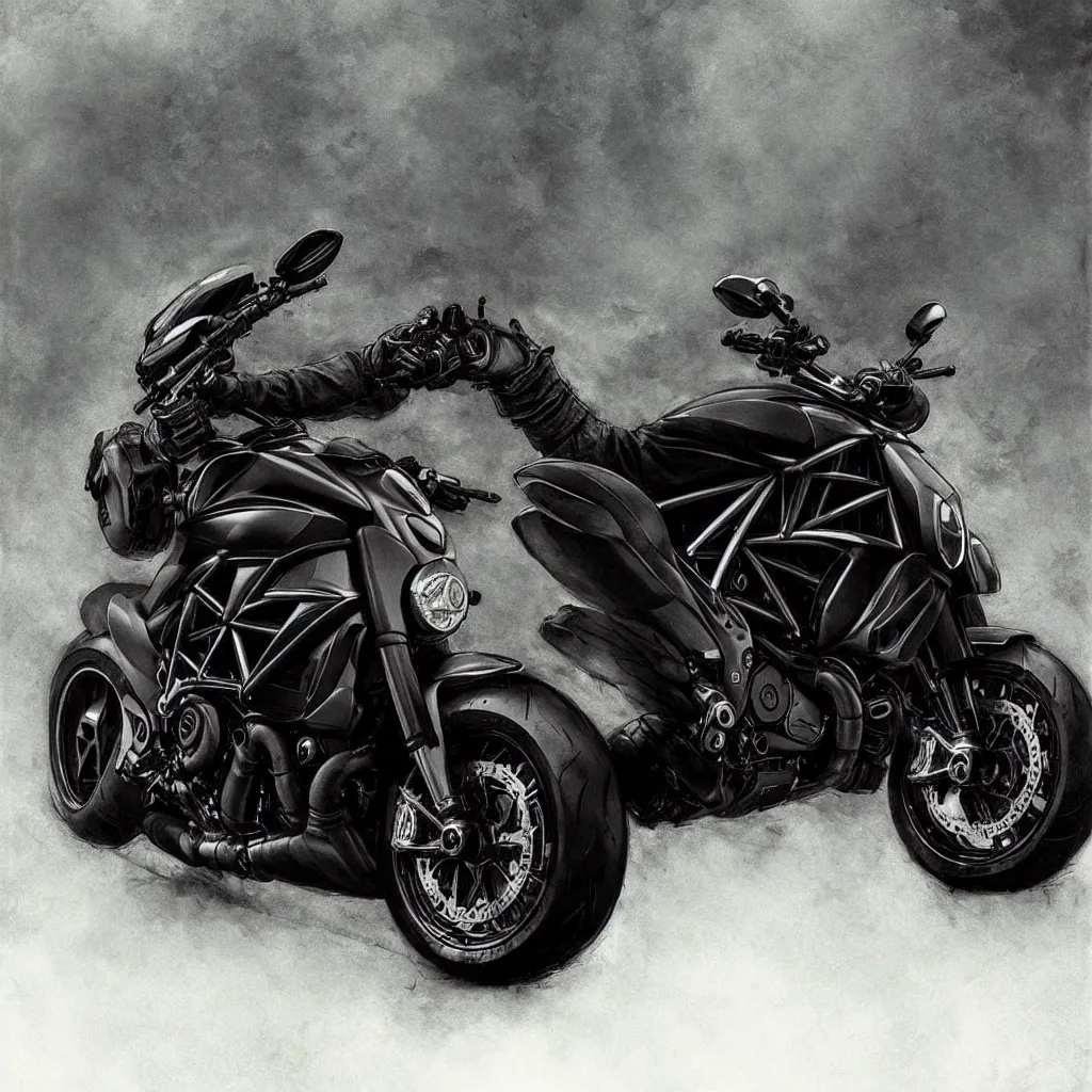 Prompt: ducati diavel. dark colors. menacing. haunting. frightening. trending on artstation. award winning. artgem. greg rutkowski. beksinski. extremely detailed. 4 k.