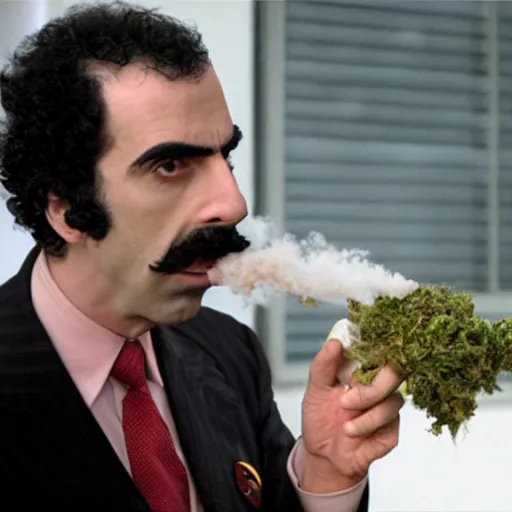 Image similar to Sacha Baron Cohen as borat smoking a giant rolled cannabis cigarette, smoke, 8k, hyper-detailed, cinematic