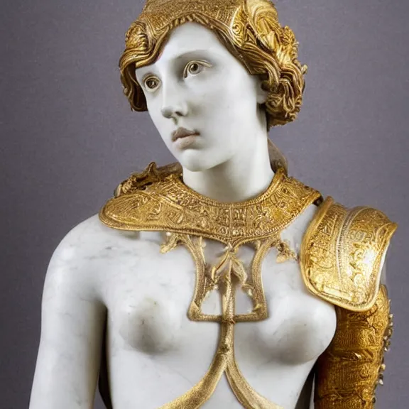 Prompt: a white art nouveau marble and gold head and torso sculpture of a worried young scarlett johansson as joan of arc with long, flowing hair, wearing intricate gold plate armor on her chest, delicate, intricate, smooth, beautiful, by charles van der stappen