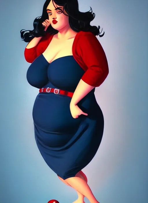 Image similar to full body portrait of teenage veronica lodge, obese, bangs, sultry, realistic, sultry smirk, wavy hair, red skirt, fat, belly, intricate, elegant, glowing lights, highly detailed, digital painting, artstation, concept art, smooth, sharp focus, illustration, art by wlop, mars ravelo and greg rutkowski