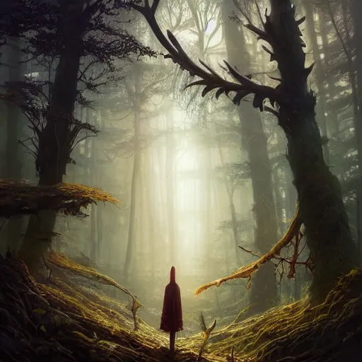 Image similar to highly detailed creepy forest creature with antlers, stephen bliss, unreal engine, fantasy art by greg rutkowski, loish, rhads, ferdinand knab, makoto shinkai and lois van baarle, ilya kuvshinov, rossdraws, tom bagshaw, global illumination, radiant light, detailed and intricate environment