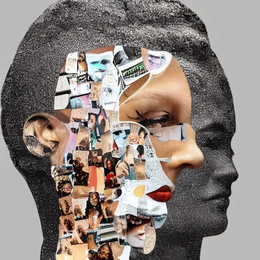 Image similar to a head-shaped chaotic collage made out of fragments of printed images taken from the internet, fashion magazines, and family photographs all coming together to form a hybrid face shape with twisted features in the Dadaesque style, mixed media