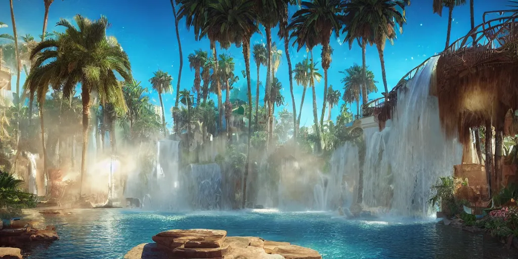 Image similar to beautiful oasis waterfalls surrounded by palm trees, moroccan tile archways, date trees, ivory towers, sun setting, ross tran, nephilim, pyroclastic flow, ethereal, fantasy, james jean, oozium, peter morbacher angelarium alchemy luxury heavenly light soft illumination, trending on artstation, cinematic lighting, digital painting, octane render, artgerm