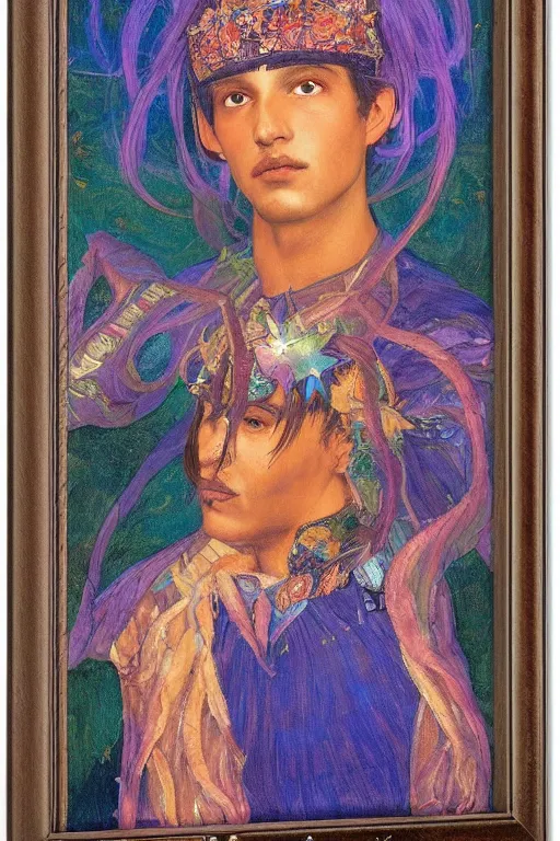 Image similar to prince of dawn with stars in his hair, by Annie Swynnerton, and Nicholas Roerich and Tino Rodriguez and Diego Rivera , elaborate headdress and embroidered velvet, iridescent beetles, rich color, dramatic cinematic lighting, extremely detailed