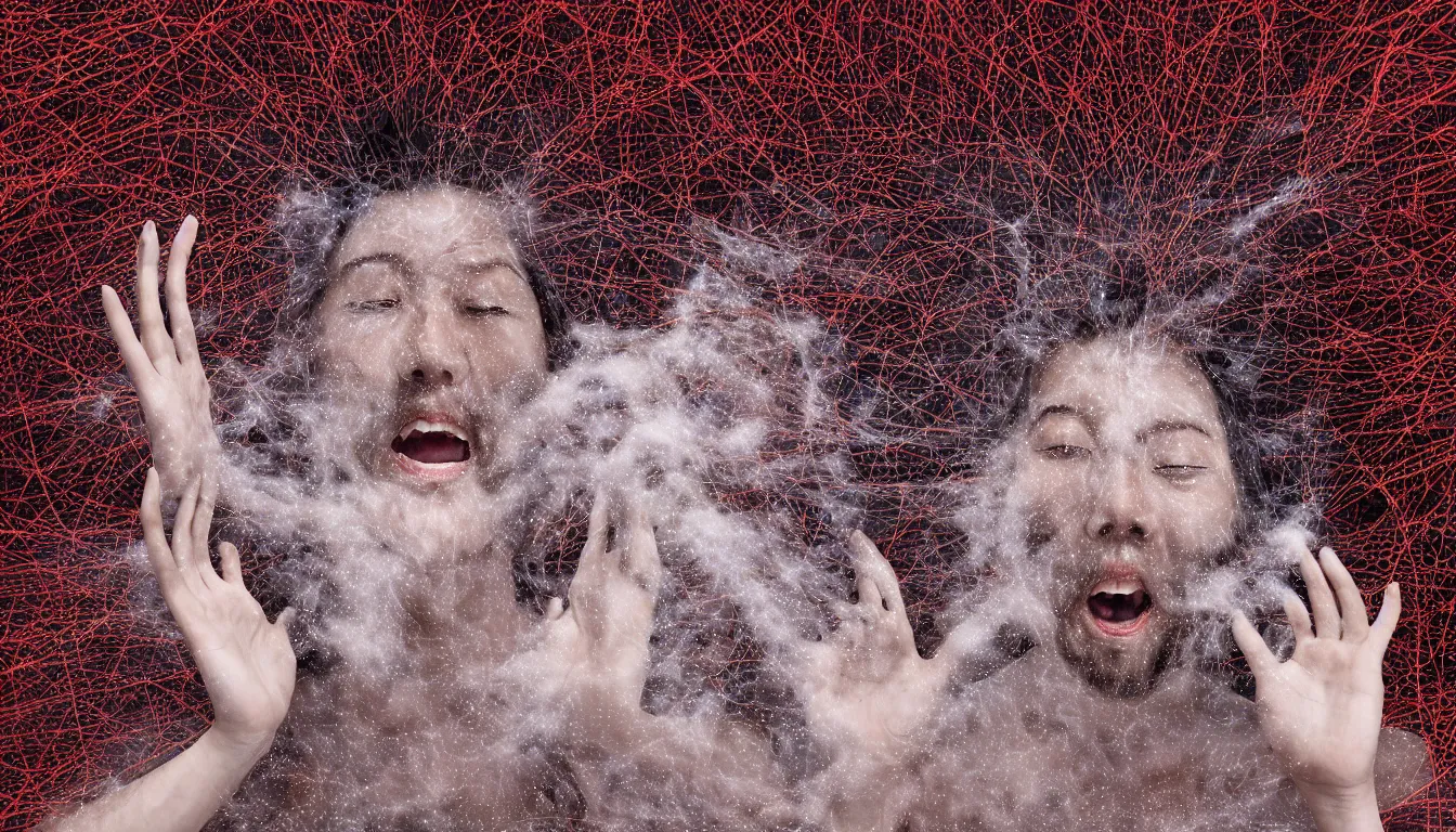 Image similar to feedback loop , burst of powders ,detailed entangled fibres ,volumetric lighting, twisting vapour, bellowing dust ,flowing shimmering fabrics, emerging hands and an ancient male bearded face , inside a huge traditional Japanese Royal ornate temple , Hundreds of humans , emerging hands and beautiful women’s screaming face , full colour , upscale , 4k