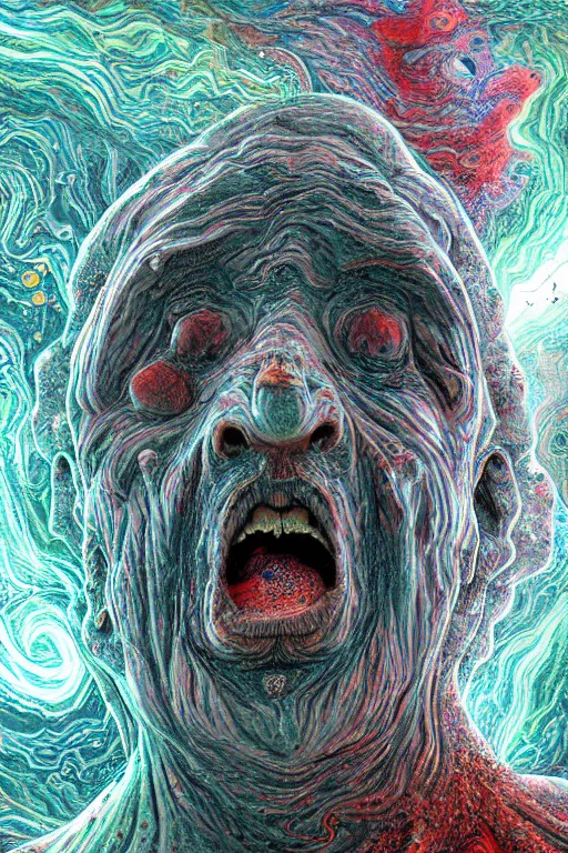 Image similar to an old fractal man screams and a tornado comes out of his mouth by artgem and gustave dore, highly detailed and colored, high contrast, trippy, nebula, trending on artstation