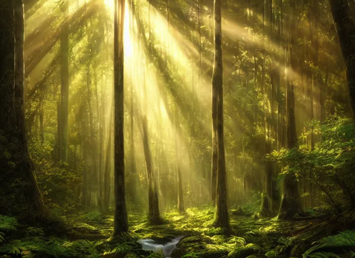 Image similar to a hyper-detailed oil painting of a fantasy forests with rays of light coming through the canopy; an extraordinary masterpiece!!!; flawless; photorealistic; trending on artstation; f/1.4; 90mm