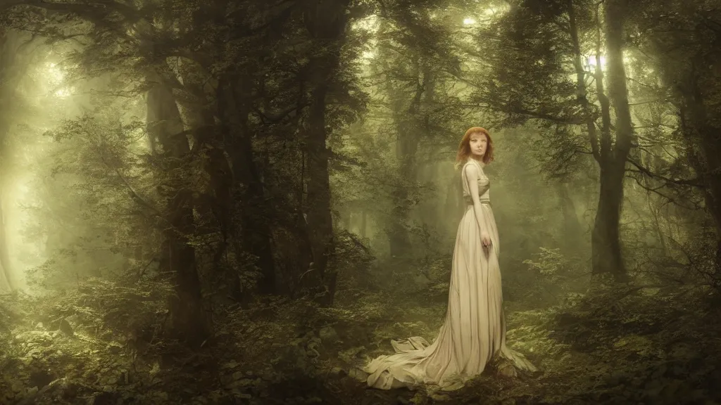 Image similar to eleanor tomlinson up close in the dark forest. andreas achenbach, artgerm, mikko lagerstedt, zack snyder, tokujin yoshioka