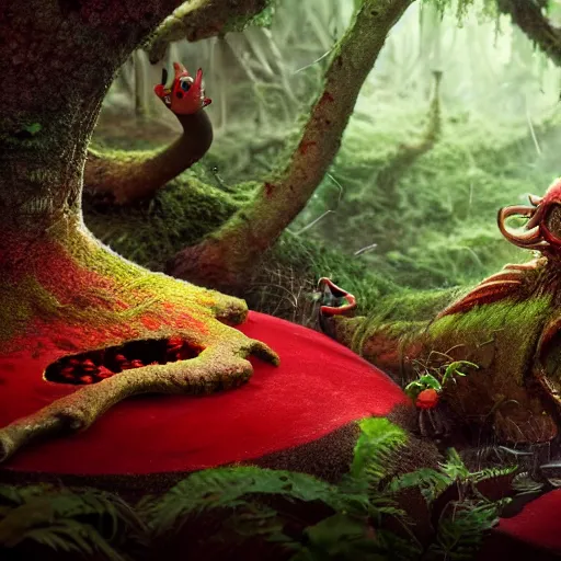 Image similar to a nature photo of a cute fury monster eating bugs for lunch while sitting on a red mushroom in the fantasy forest, extremely detailed, wide shot, sharp and detailed, Octane render