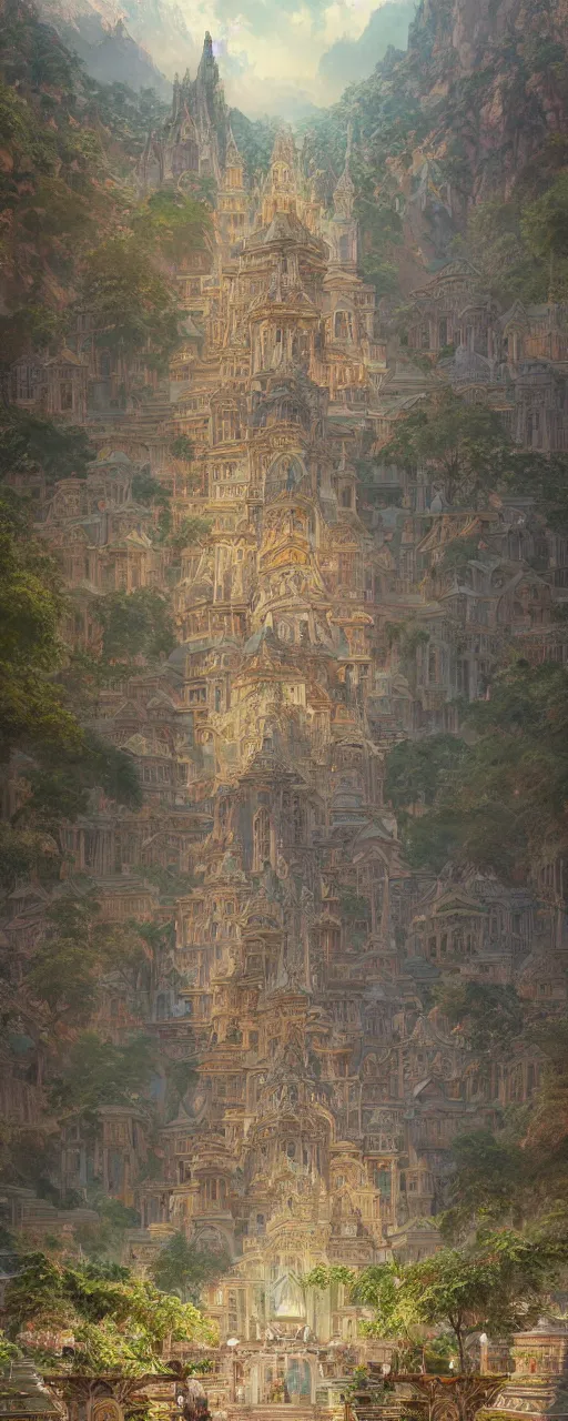 Prompt: large temple on a platform stretching over the mountains, an amazing blooming oasis, fantasy, intricate, elegant, highly detailed, digital painting, artstation, concept art, smooth, sharp focus, illustration, art by artgerm and greg rutkowski and alphonse mucha