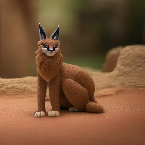 Prompt: a cinematic film still of a claymation stop motion film starring cute fluffy caracal, shallow depth of field, 8 0 mm, f 1. 8