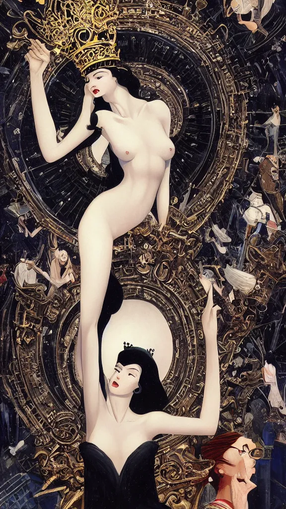 Image similar to a beautiful black haired woman with pale skin and a crown on her head sitted on an intricate metal throne new york circa 1 9 8 4 edward hopper and james gilleard, surreal, open ceiling, highly detailed, airbrush, ilya kuvshinov, wlop, stanley artgerm, very coherent, art by takato yamamoto and james jean