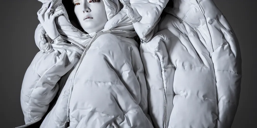 Image similar to well lit fashion shoot portrait of extremely beautiful female marble statue wearing huge over size puffer jacket by dingyun zhang, yeezy, balenciaga, vetements, a cold wall, sharp focus, clear, detailed,, cinematic, detailed, off white, glamourous, symmetrical, vogue, editorial, fashion, magazine shoot, glossy