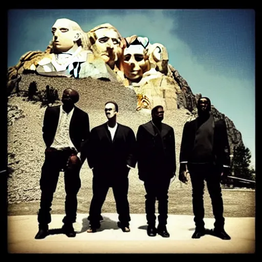 Prompt: “Kanye West, Jay Z, Walter White, and Saul Goodman as the heads of Mount Rushmore”