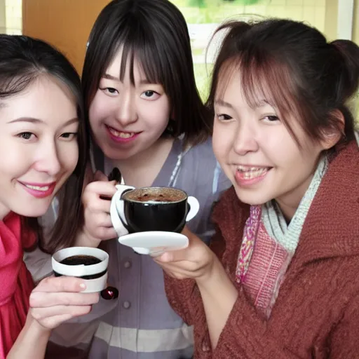 Image similar to a group of 4 people drinking coffee : korean girl, osetin girl, vyacheslav, ilya