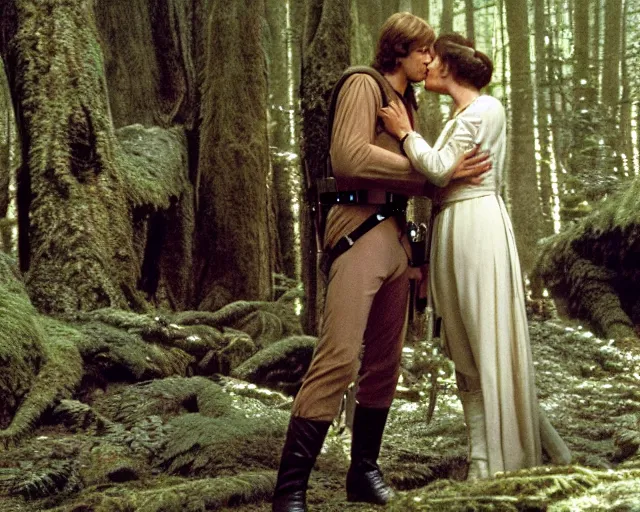 Image similar to luke skywalker, princess leia and han solo hugging and kissing in the forest of endor at the end of return of the jedi