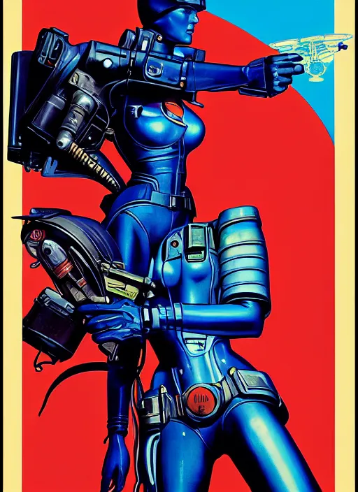 Image similar to american propaganda poster art. powerful cyberpunk pilot. portrait by jean giraud and anton otto fischer and john philip falter and will eisner and gil elvgren and pixar. full body. realistic proportions. science fiction d & d. overwatch, rb 6 s, cyberpunk 2 0 7 7, blade runner 2 0 4 9 concept art. cel shading. thick lines.