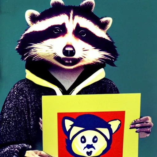 Image similar to close - up, photo of a anthropomorphic raccoon wearing a hoodie, holding a vinyl record, 8 0 - s fashion, colored, polaroid photo, by warhol,