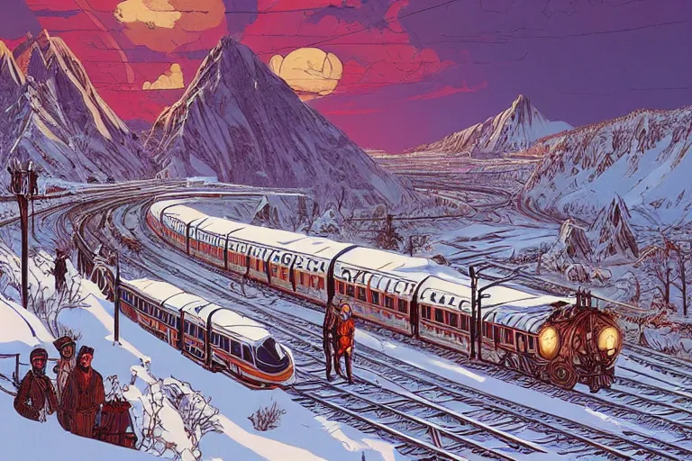 Image similar to trans - siberian express train illustration by joe fenton and syd mead and p. craig russell and barry windsor - smith, artstation, 4 k, graphic novel, concept art, matte painting, beautiful russian winter landscape sunset background, golden hour, art nouveau