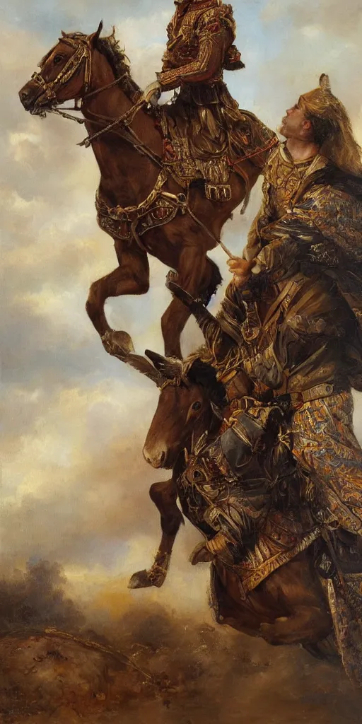 Image similar to Highly detailed and cinematic romantic period oil painting of an Arabian soldier riding a rearing horse, strong atmosphere, oil painting masterpiece by Josep Tapiró Baró, symmetry, fractals