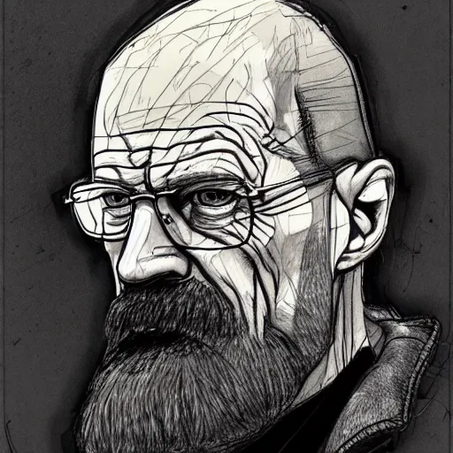 Image similar to a realistic yet scraggly portrait sketch of the side profile of a stern and sophisticated walter white, trending on artstation, intricate details, in the style of frank auerbach, in the style of sergio aragones, in the style of martin ansin, in the style of david aja, in the style of mattias adolfsson